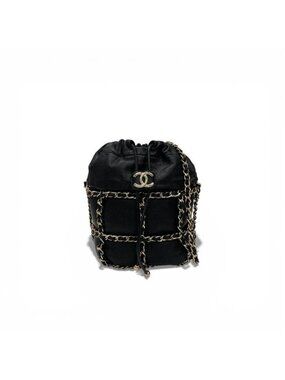 Chanel Shoulder Bag Black Gold CC Logo Chain Back Drawstring